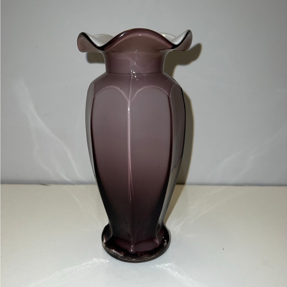 Vintage Cased Glass Vase Amethyst White and Clear Paneled Purple Cased Glass